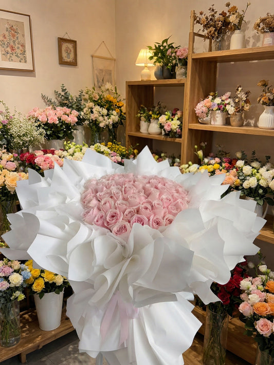 A large bouquet of pink roses wrapped in white paper, displayed in a flower shop with shelves of other flowers in the background.
