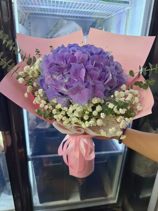 A bouquet of purple hydrangea flowers with white baby's breath and green eucalyptus stems, wrapped in pink paper and held by a hand in front of a glass display case.